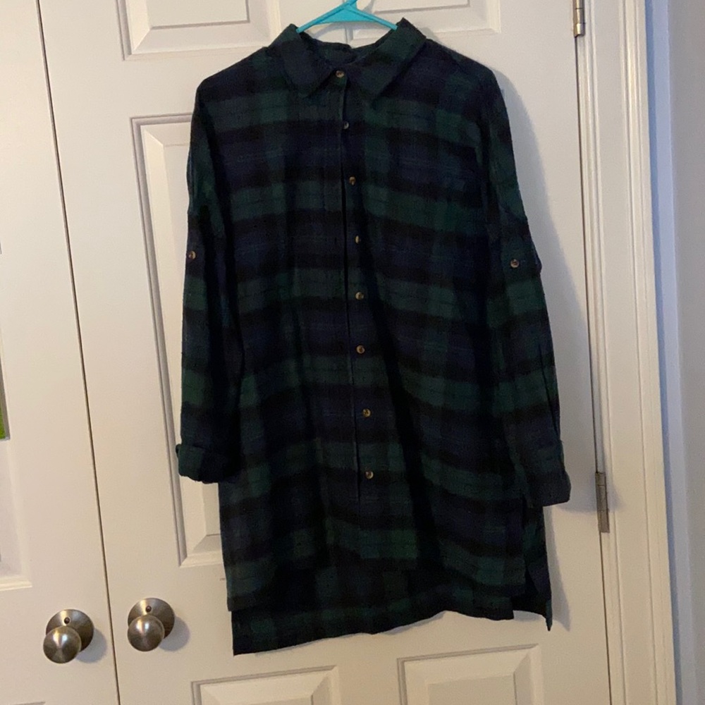 Long Blue and Green Flannel, size M
